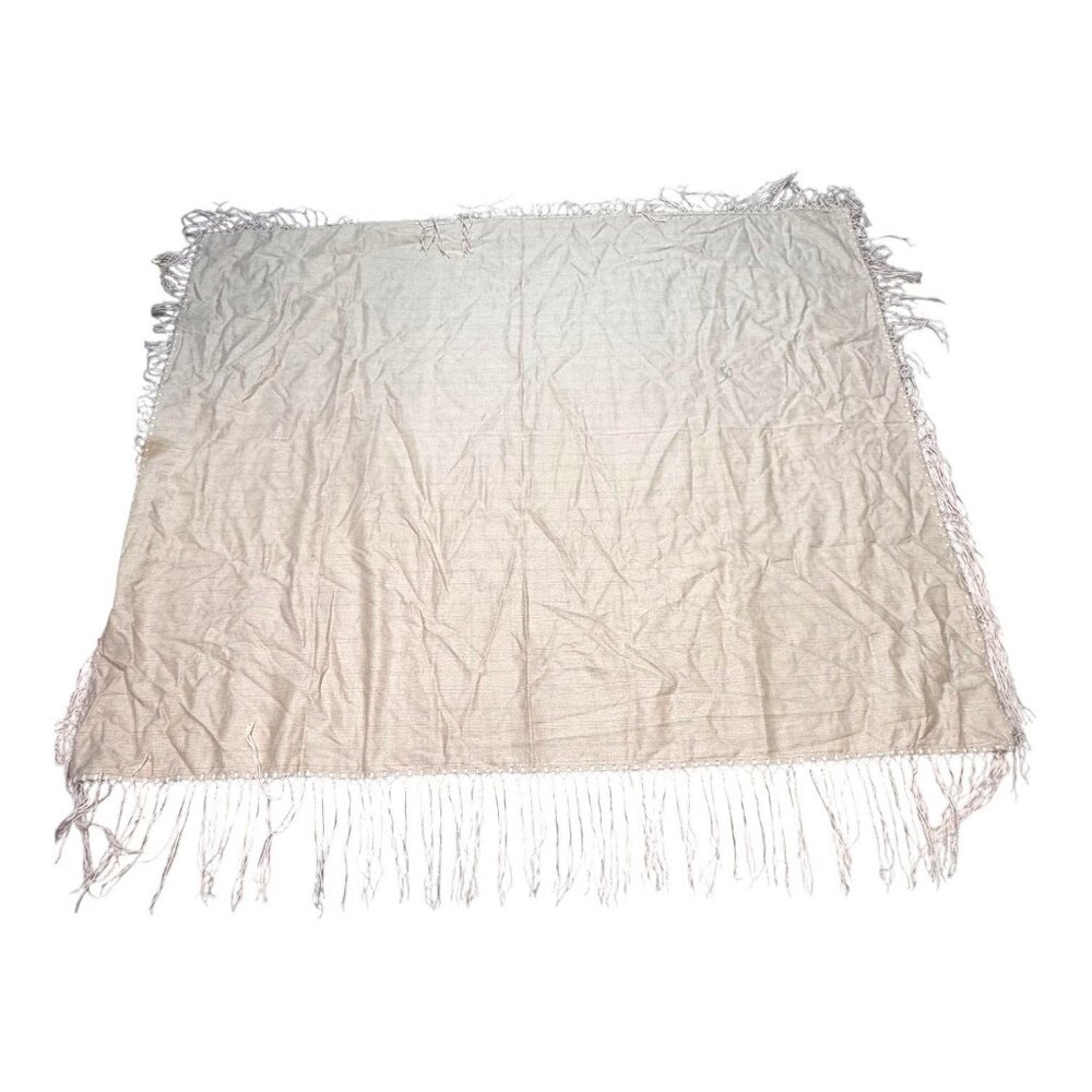 Vintage Beige Woven Throw Blanket Tabelcloth Striped Jacquard Fringe Edges 59x69